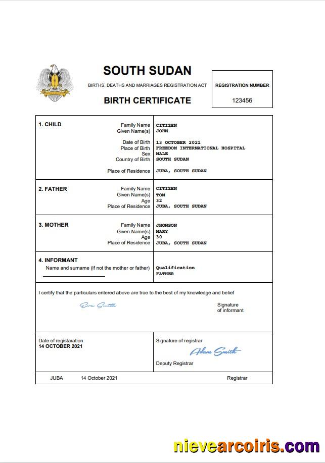 South Sudan vital record birth certificate